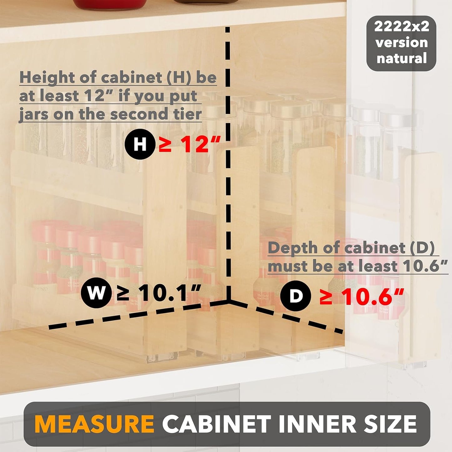 SpaceAid Bamboo Pull Out Spice Rack Organizer for Cabinet, Heavy Duty Slide Out Seasoning Kitchen Pantry Sliding Vertical Organization, 10.1" Wide, 4 Drawers(2" Wide), 2-Tier, Natural
