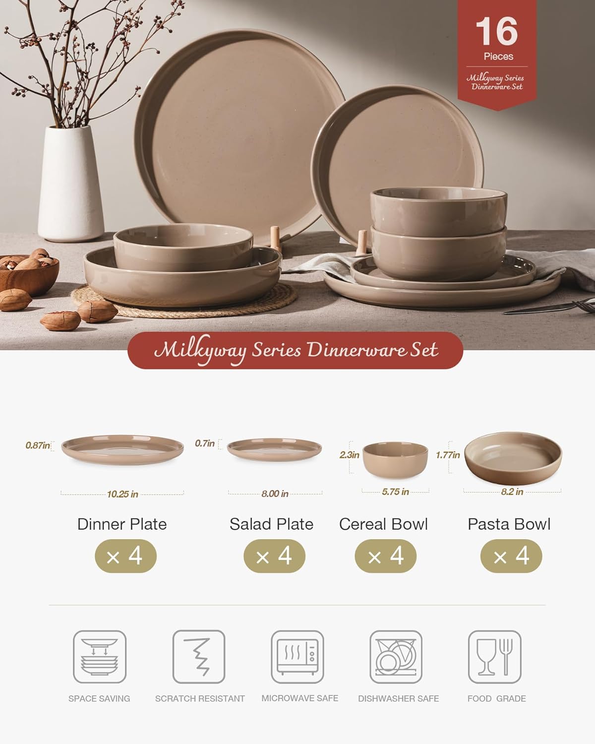 Famiware Milkyway Stoneware Dinnerware Sets with Pasta Bowls, Service for 4 (16 Pieces), Plates and Bowls Sets -Scratch Resistant, Microwave and Dishwasher Safe Dishes Set, Cinnamon Brown