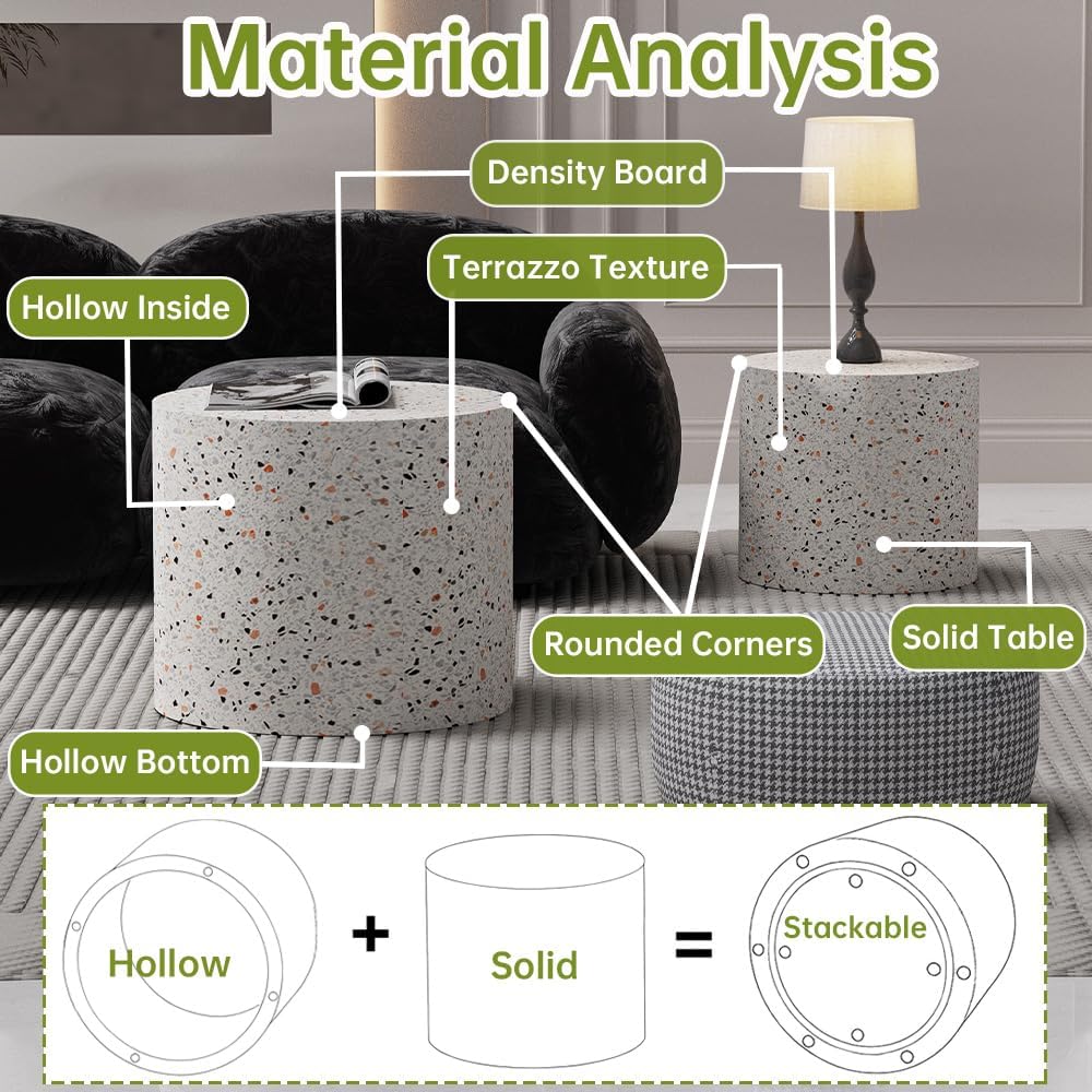 Round Nesting Coffee Tables Modern Terrazzo Coffee Table Small Round Coffee Table Circular Side Table Accent End Table Nesting Coffee Tables Set of 2 for Living Room (Terrazzo)