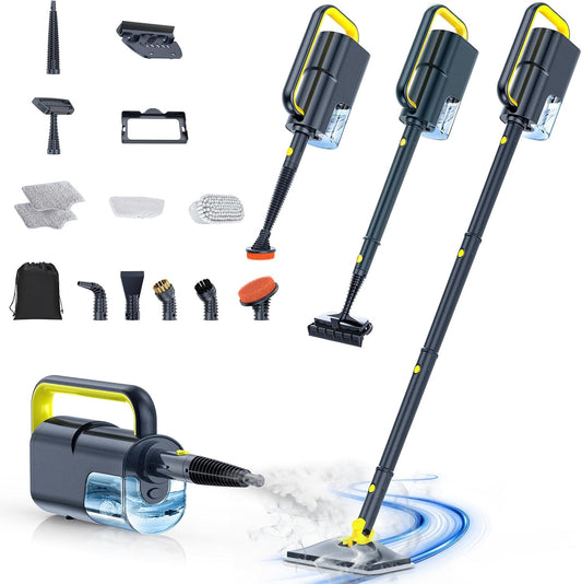 ScrubWiz Steam Mop Cleaner with Detachable Handheld Steamer, 10-in-1 Multi Accessories, Washable Microfiber Pads, 350ml and 2 Adjustable Levels for Cleaning Floor, Carpet, Tiles, and Grout, Gray