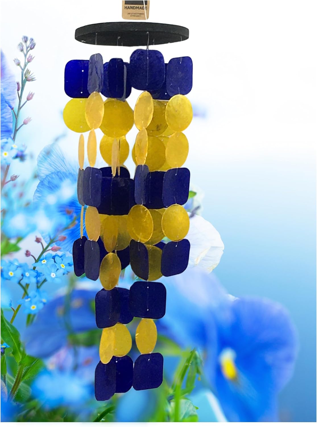 Bellaa 24889 Wind Chimes Outdoor, Garden Decorations, Musical, Indoor/Outside Windchimes, Beach, Ocean Breeze, Gifts for Mom, Gift for All Occasions, Capiz Sea Glass Shells Wood Yellow Blue