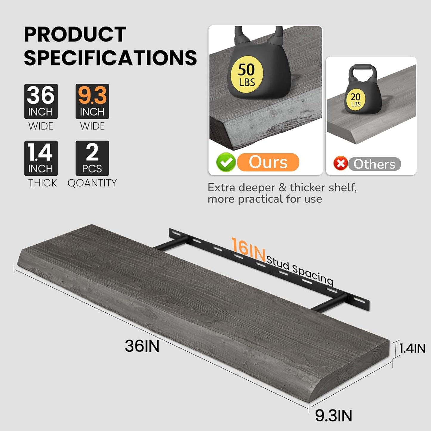 Floating Shelves for Wall, 36"x9.3" Rustic Solid Live-Edge Elm Wood Wall Shelves, Heavy-Duty Floating Shelves with Invisible Brackets, Set of 2 for Living Room, Bedroom, and Kitchen, Grey Finish