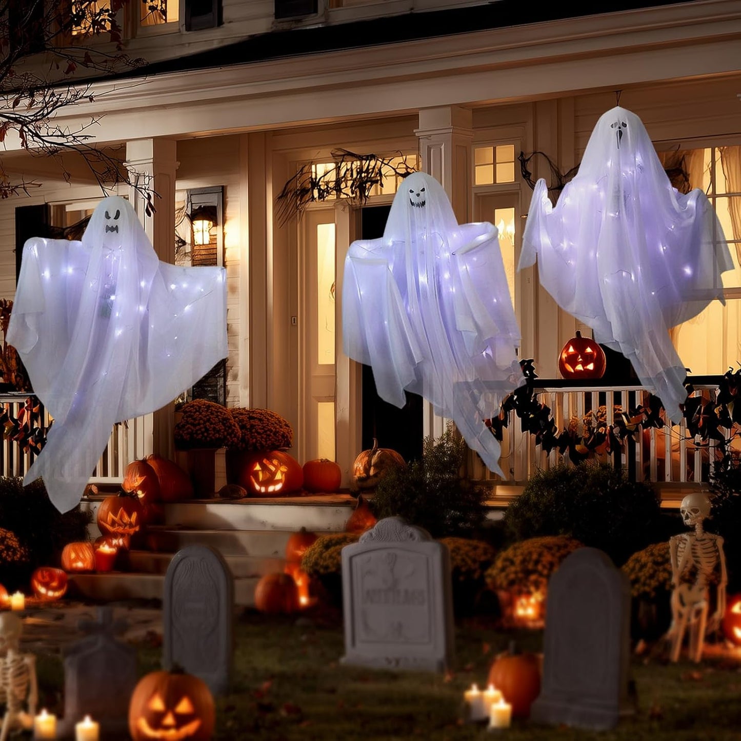 6 Pack Halloween Hanging Ghost Decorations with Lights, 27.5 Inch LED Light-Up Spooky Ghosts Indoor Outdoor Ornaments, Halloween Flying Hanging Ghosts for Haunted House Prop, Front Yard Patio Party