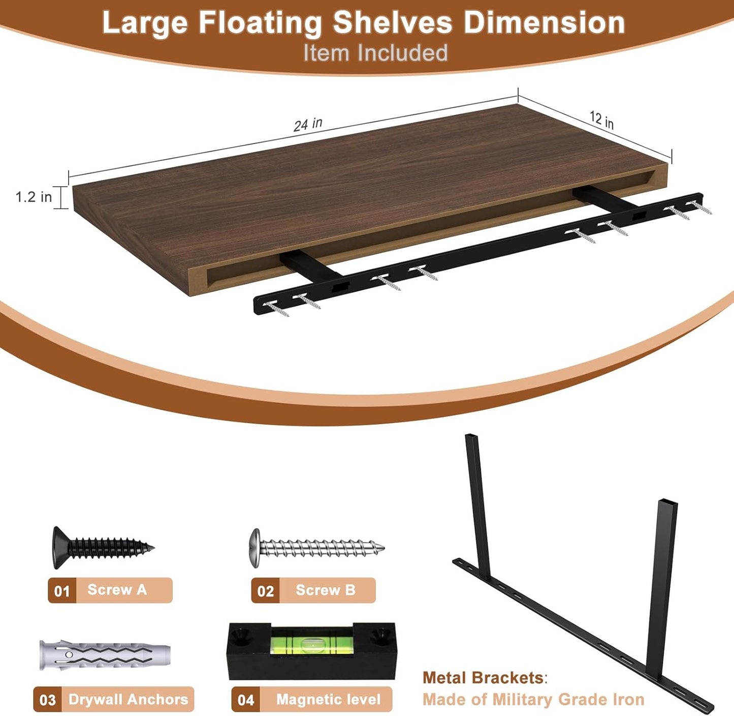 12 Inch Deep Floating Shelves for Wall 2 Pack Floating Shelves Large Storage Space Wall Mount Shelf for Living Room Kitchen Bathroom 24" W x 12" D x 1.2" H Walnut