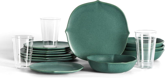Stone Lain Baskerville 32-Piece Dinnerware Set Stoneware, Borosilicate Glass, Green