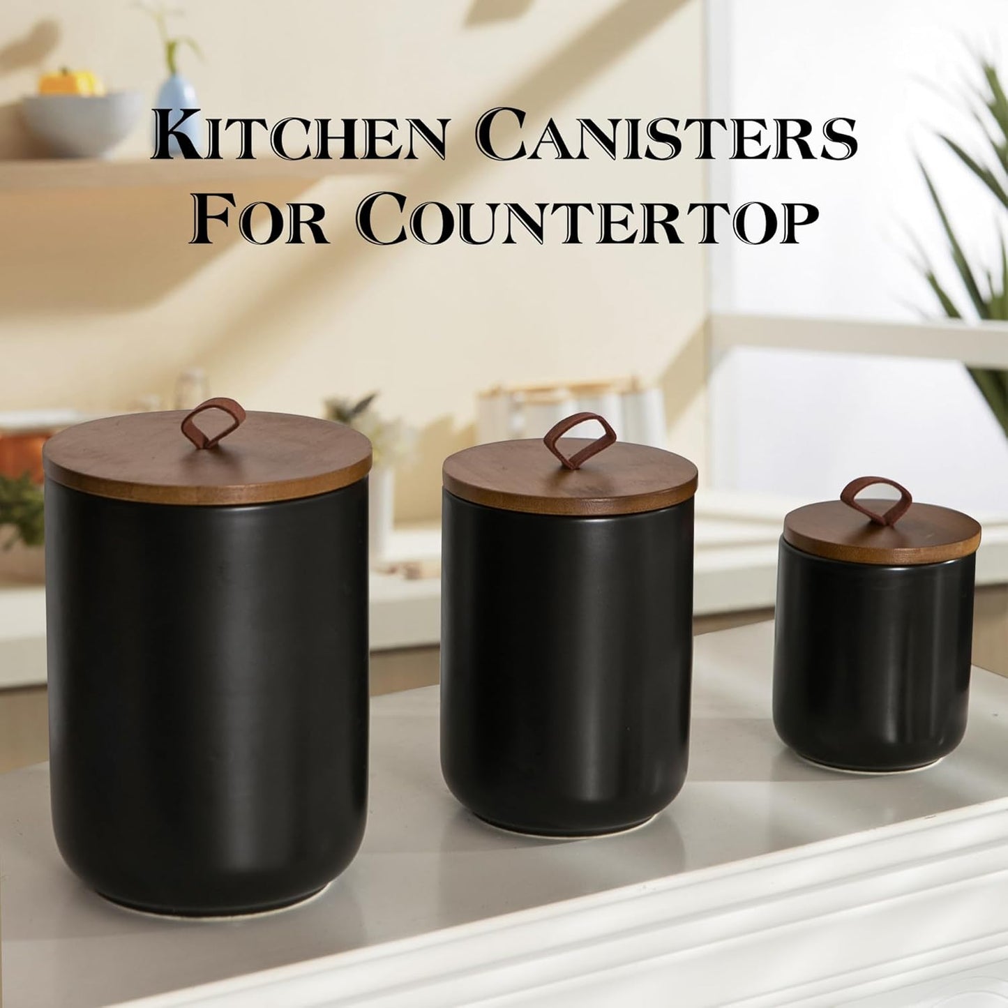 Black Ceramic Canister Set with Wooden Lid, 3-Piece Food Storage Jars for Kitchen Counter, Storage Container for Coffee, Tea, Spice, Sugar, Grains, Salt
