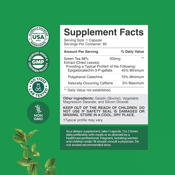 Green Tea Extract Capsules - Pure Extract - Weight Loss Pills - Burn Belly Fat - Metabolism Booster - Lose Weight Fast - for Men and Women Natural Detox Cleanse