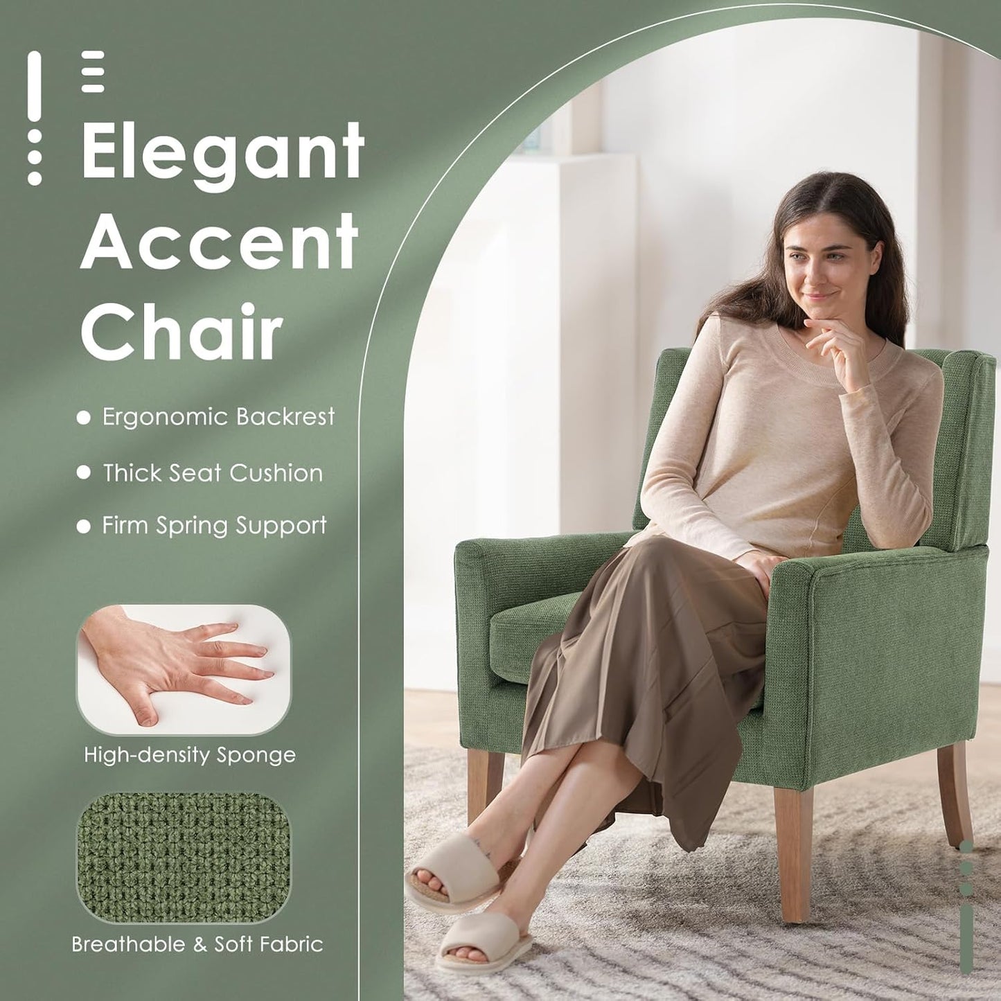 COLAMY Modern Wingback Living Room Chair, Upholstered Fabric Accent Armchair, Single Sofa Chair with Lounge Seat and Wood Legs for Bedroom/Office/Reading Spaces, Green