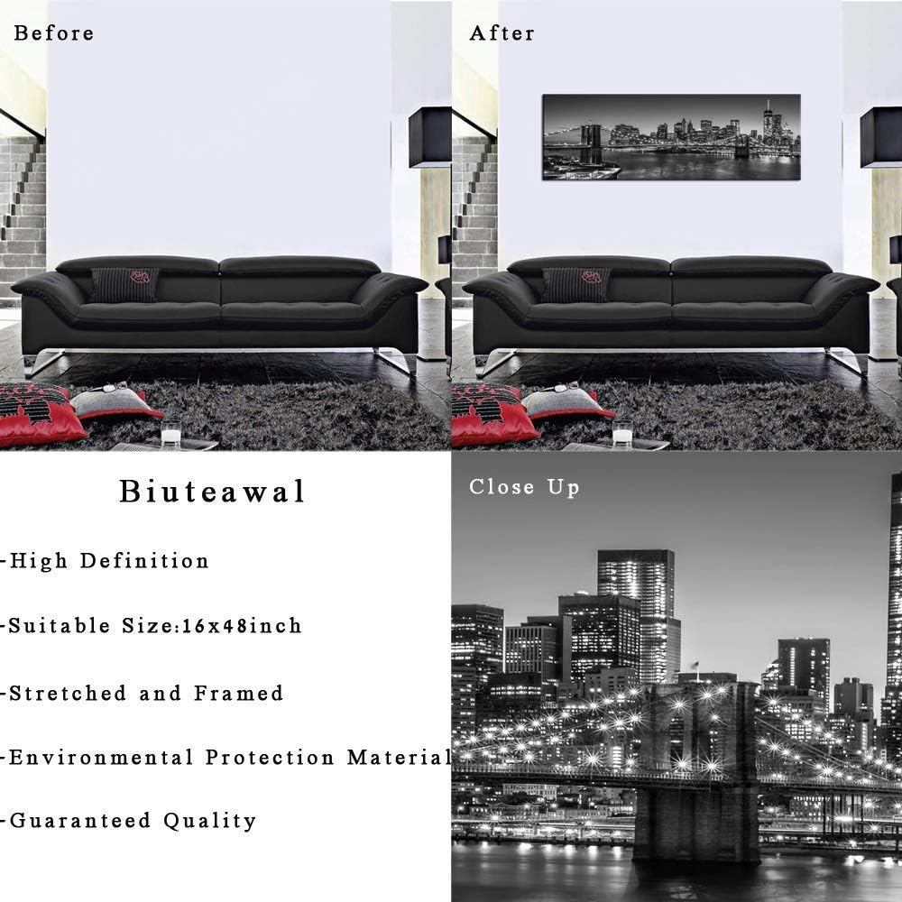 Biuteawal - Black and White Brooklyn Bridge Canvas Wall Art New York City Picture Print Manhattan Night Skyline Painting on Canvas Modern Home Office Wall Decoration Ready to Hang