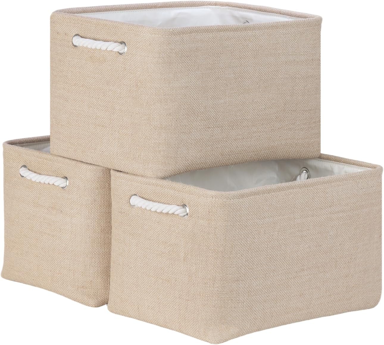 Bidtakay Large Storage Baskets for Shelves 3 Pack Fabric Storage Bins for Organizing Linen Collapsible Organizer for Closet-Flaxen