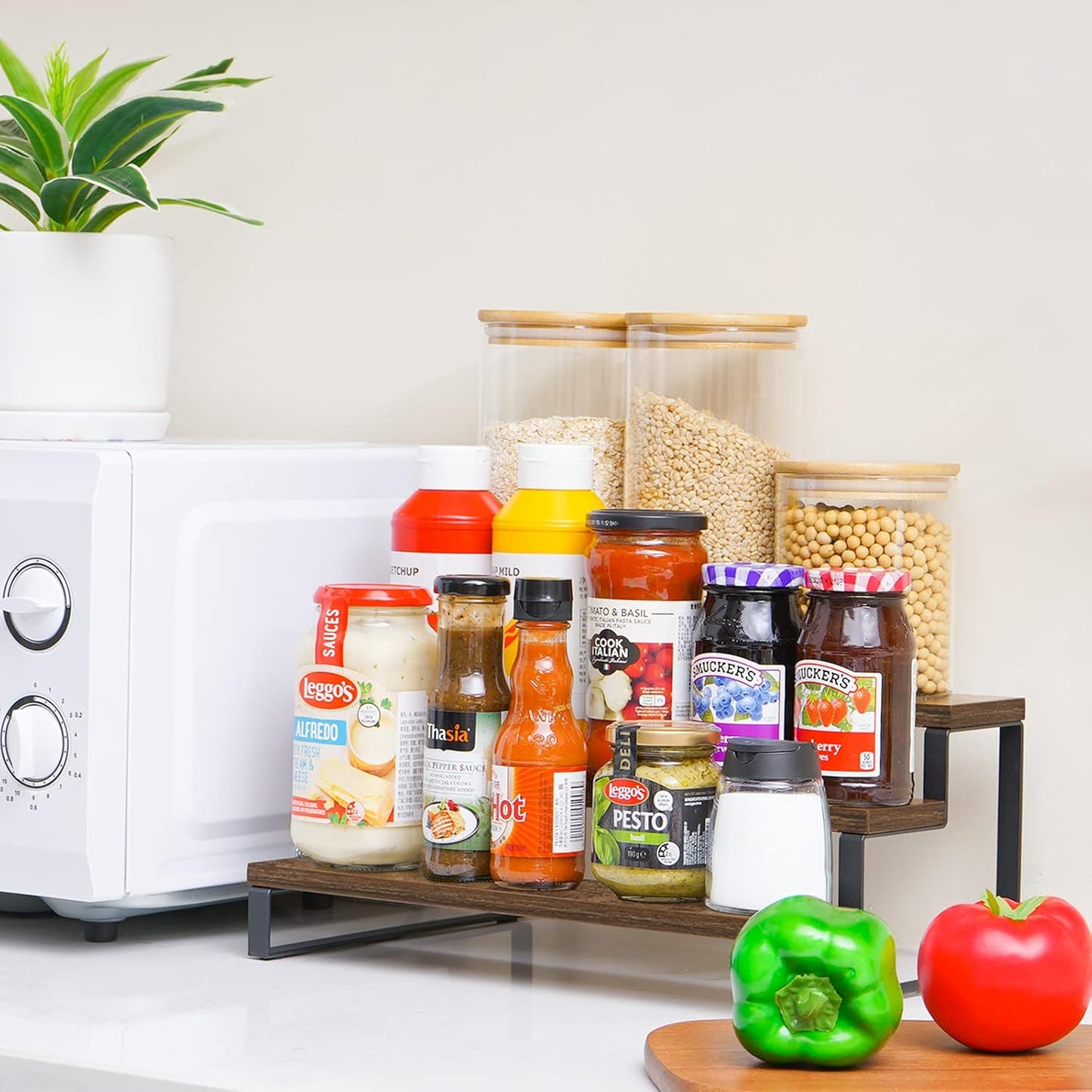 Giikin 3-Tier Spice Rack, 13.8 Inch Wood Step Shelf Countertop Spice Storage Holder, Kitchen Pantry Cabinet Organizer Cupboard for Spice Bottles, Jars, Seasonings, Baking Supplies, Metal Frame