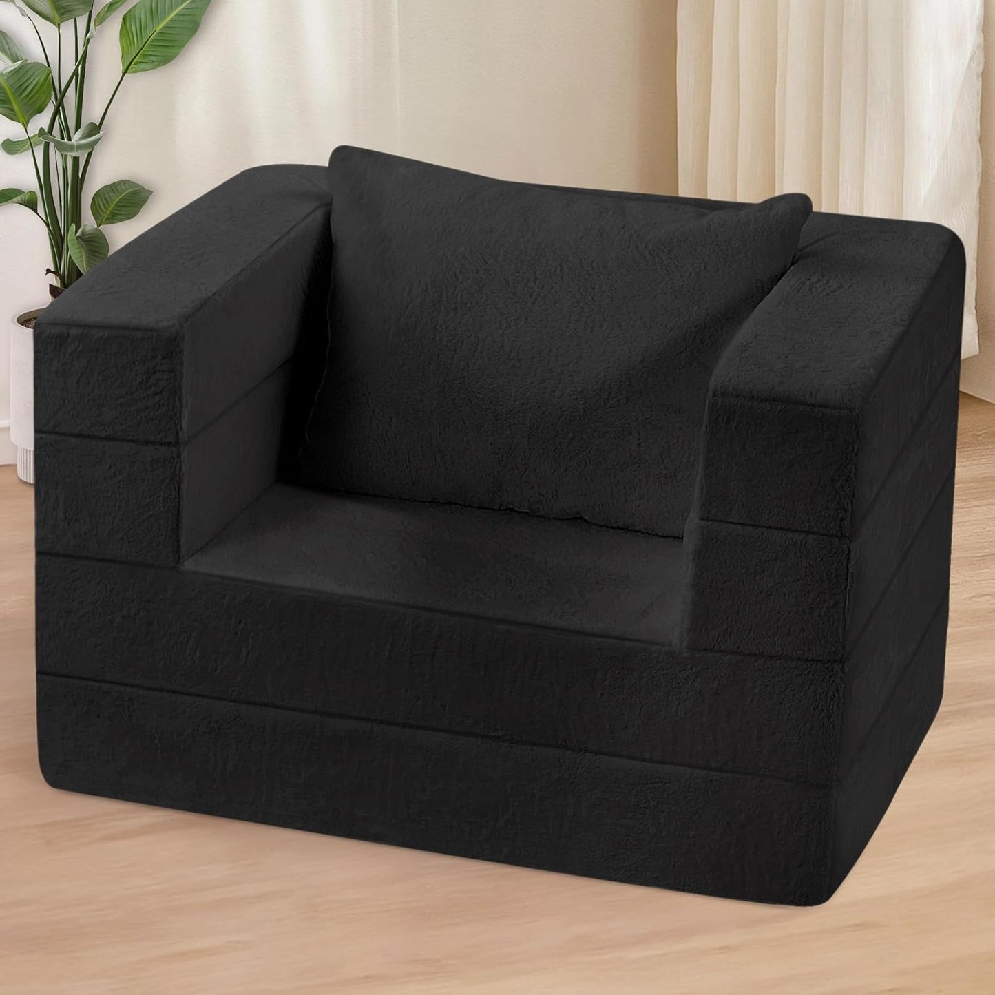 Folding Bean Bag Chair for Adults,3-in-1 Bean Bag Couch Faux Fur Floor Sofa Large Beanbag Convertible Bean Bag Sofa Bed with Pillow in Bedroom,Living Room,Apartment(Twin,Black)