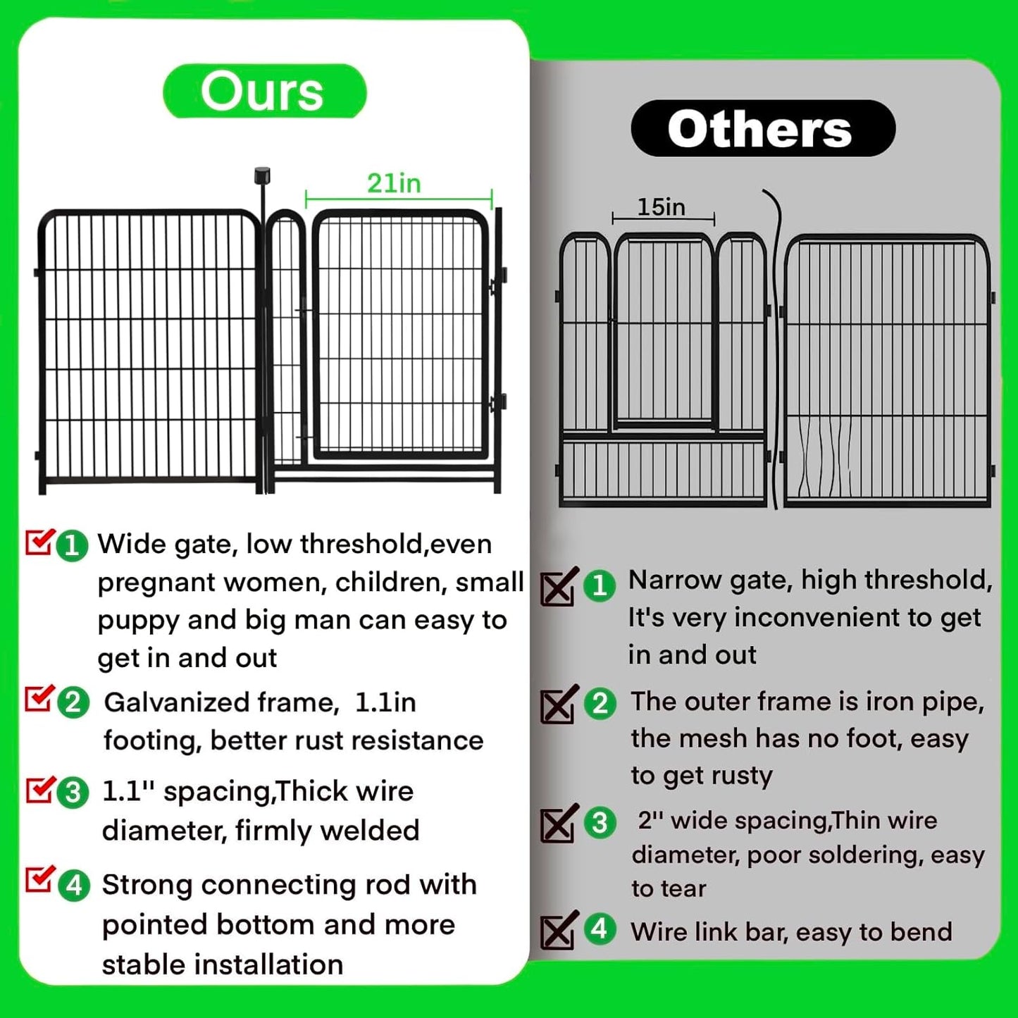 Tall Garden Fence Animal Barrier, 54 in(H) Dog Fences for The Yard, 10 Panels Total 22.1 Ft(L) Garden Edging Fence, 21 in Wide Low Threshold Gate, Temporary Fences for Dogs Outdoor