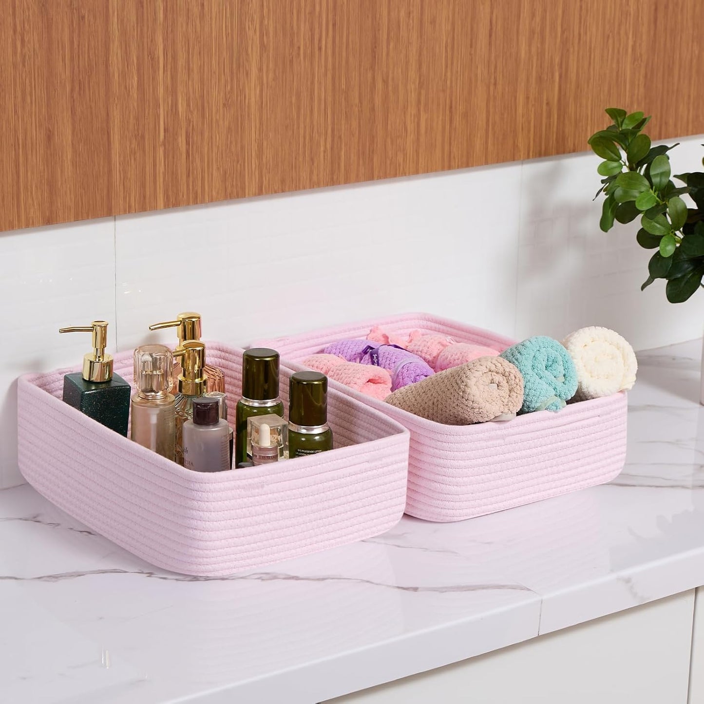 Large Shallow Organizing Baskets 15x11x5.1 Inches - Rope Woven Storage Bins for Bathroom, Shelves, Cube Closet, Light Pink 2 Packs