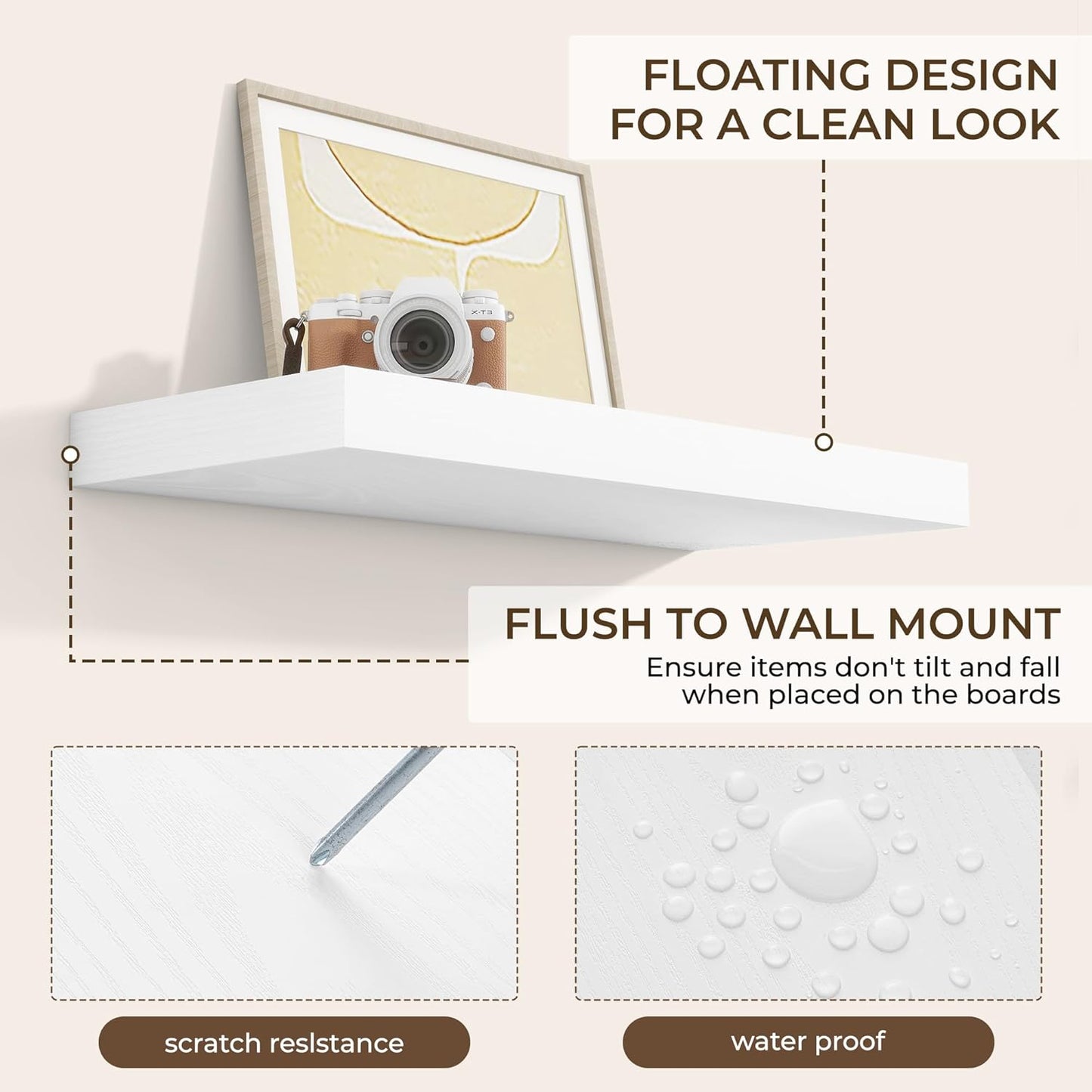 RICHFOCUS 24Inch Floating Shelves for Wall 2 Pack Shelves for Bedroom|Kitchen|Bathroom Wall Mounted Rustic Wood Floating Shelf with Invisible Brackets for Books|Storage|Decor, White