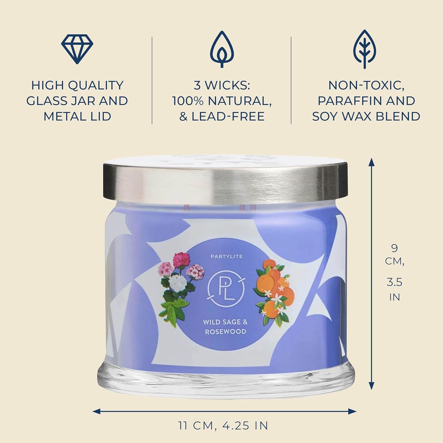 PartyLite Wild Sage & Rosewood Scented, Notes of Sage Leaf, Rosewood, Geranium Petals and Lemongrass, 13.2oz 3-Wick Jar Candle, 45 Hour Burn Time, Luxurious Fragrance, Ideal for Gifting