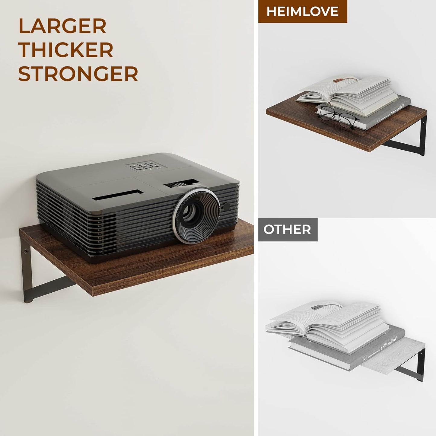 Heimlove Deep Floating Shelves for Wall, 12 Inch Deep Floating Shelves Set of 3, 16W x 12D Wood Wall Shelves, Wide Wood Shelves with Metal Bracket for Living Room, Kitchen, Office, Bedroom - Walnut