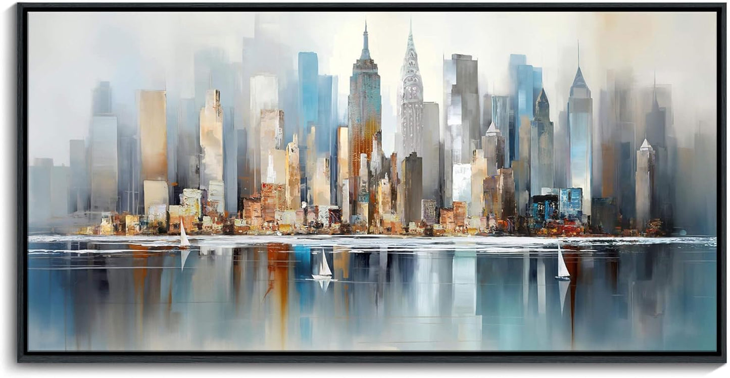 DUNHUANG ART Modern New York City Skyline Wall Art - Large Framed Abstract Canvas Painting for Home & Office Decor - Vibrant NYC Cityscape Picture - 30"x60"
