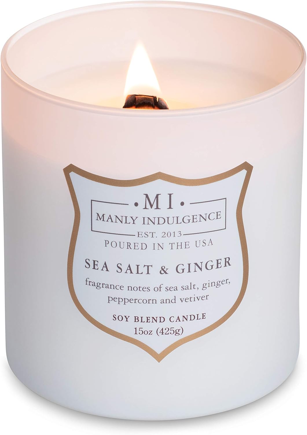 Manly Indulgence Sea Salt & Ginger Scented Candles for Men, 15 oz Wooden Wick, Premium Soy Blend Wax, 60H Burn, Candles for Home Scented - Made in The USA