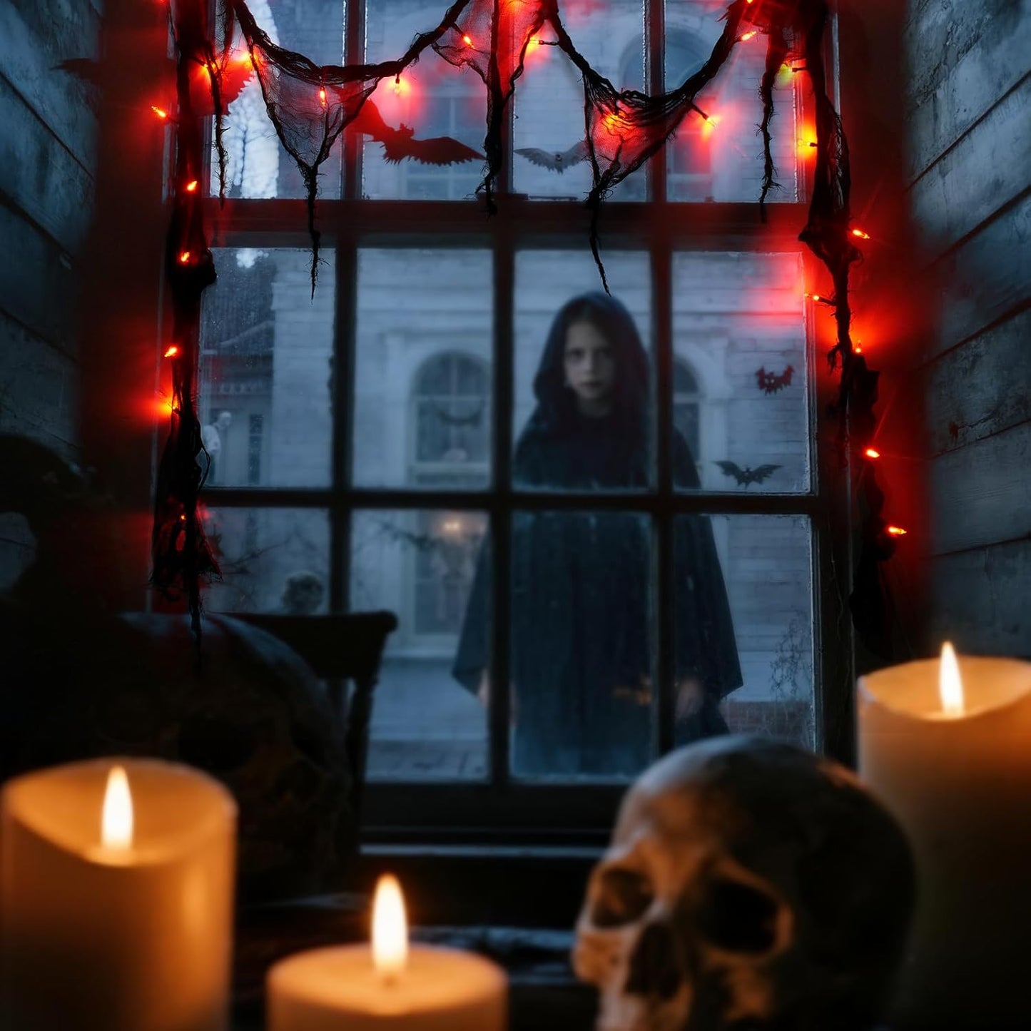 Halloween Horror Atmosphere Lights, Orange&Purple LED String Lights with 9.9FT Creepy Black Gauze, Battery Powered with Timer & 8 Flashing Modes (2 Pack Red)