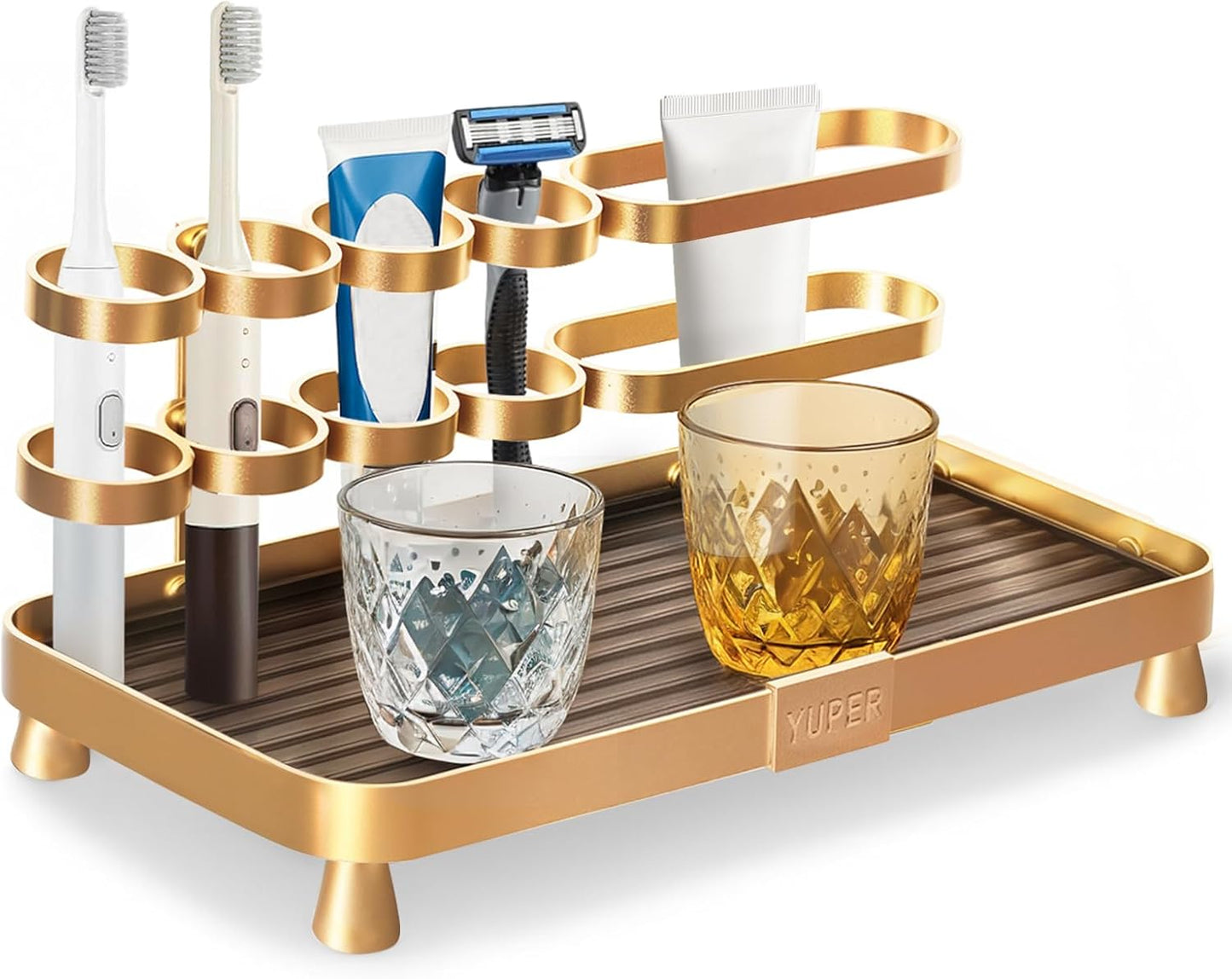 YUPER Bathroom Counter Organizer, Bathroom Organizers with Toothbrush Holder, Makeup Storage Shelf Vanity Tray Perfume Organizer, Bedroom Bar Corner Counter Storage Sink Shelf Gold