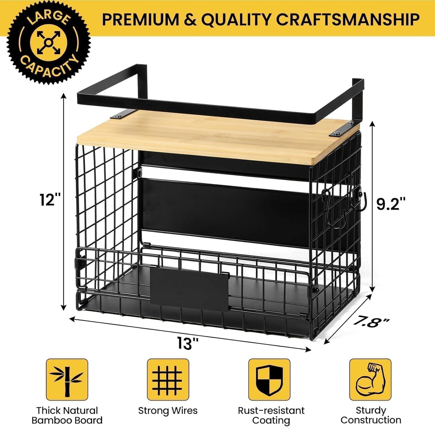 [WIDER Shelf]1 SET Strong Magnetic Shelf Basket for Fridge with Tag & Bamboo Top, XXL Large Magnetic Spice Rack Shelves for Side of Refrigerator, Kitchen Pantry Storage Organizer for Food Fruit Veg