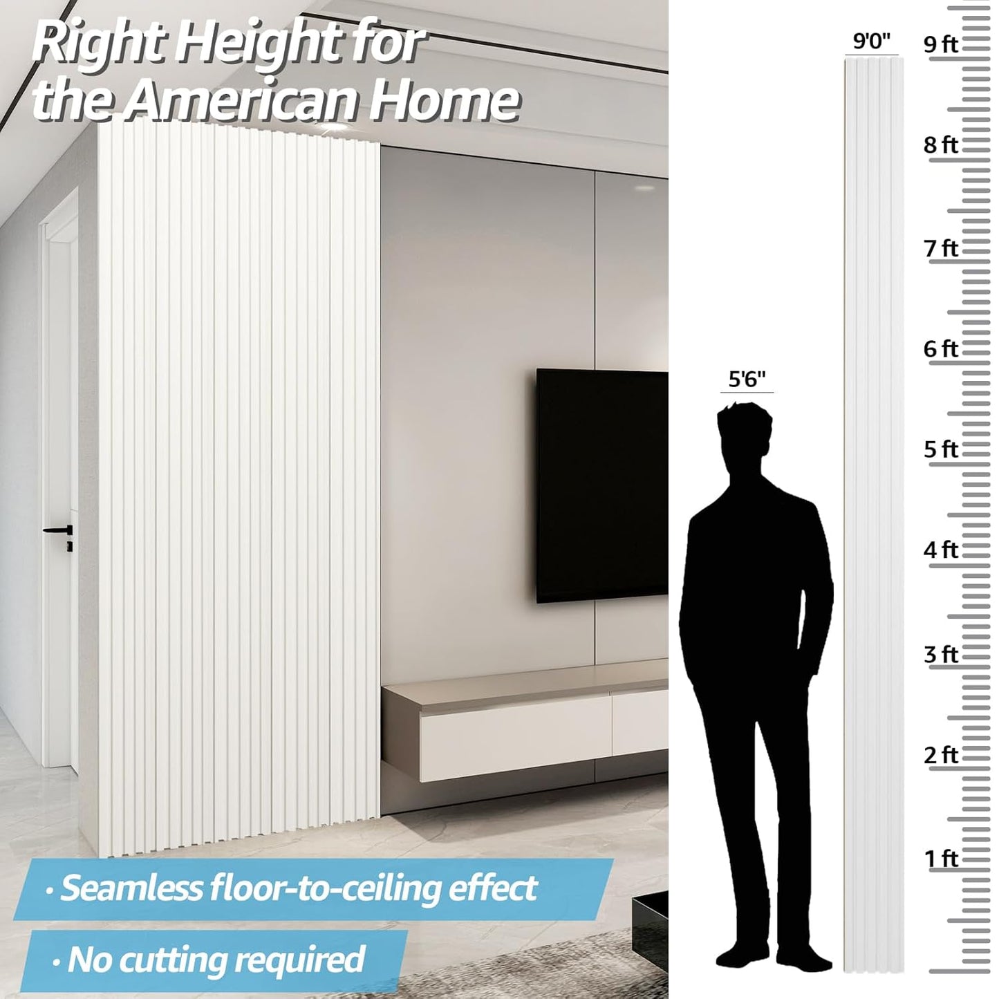 Art3d WPC Slat Wall Panels, 8-Pack 108 x 6 Inch 3D Wall Accents for Interior Wall Decor, Living Room, Bedroom, White