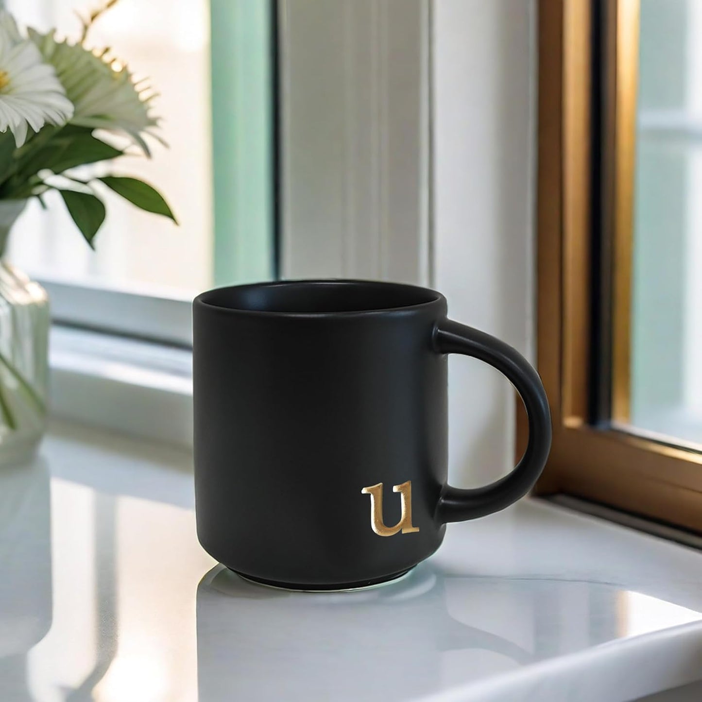 COLLECTIVE HOME - Black Monogram Ceramic Mugs, 15 oz Golden Initial Coffee Cups, Elegant Alphabet Tea Mugs, Personalized Halloween Mug with Gift Box, Perfect for Office and Home Décor (u)