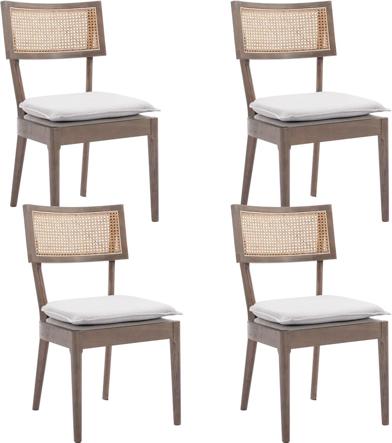 Rattan Dining Chairs Set Of 4 , Mid Century Modern Upholstered Cane Back Chairs with Removable Linen Cushion , Retro Farmhouse Natural Wooden Kitchen & Dining Room Chairs for Restaurant Living Room