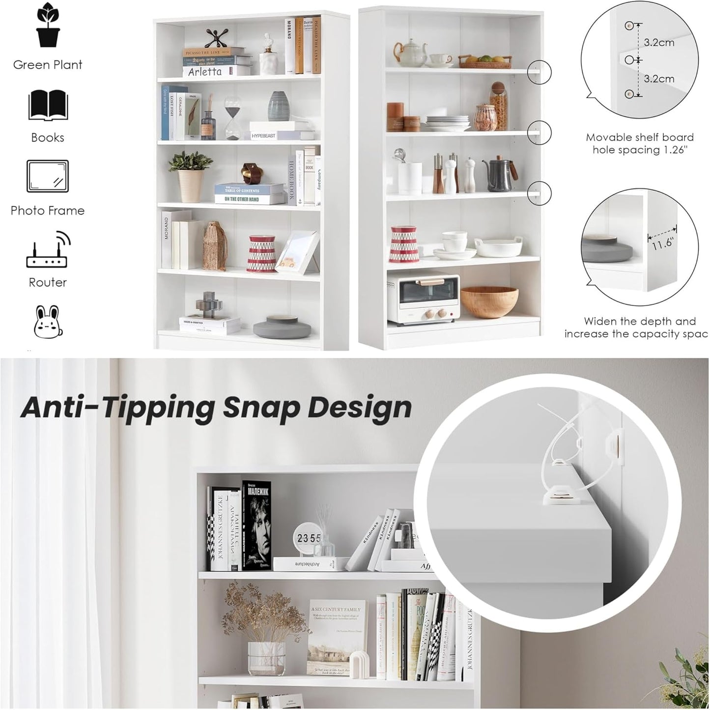 Bookshelf, Open Modern Bookshelf, 5 Shelf Bookcase with Freestanding Display Storage, Wooden Book Shelf for Bedroom, Living Room, Dinning Room, Office, 60 Inch, White