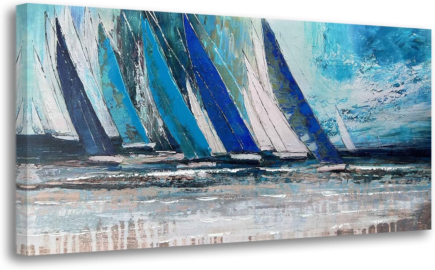 Arjun Blue Abstract Wall Art Canvas Teal Ocean Sailboat Picture Modern Turquoise Coastal Nautical Painting Large 48"x24" Framed Textured Artwork for Living Room Bedroom Bathroom Home Office Wall Decor