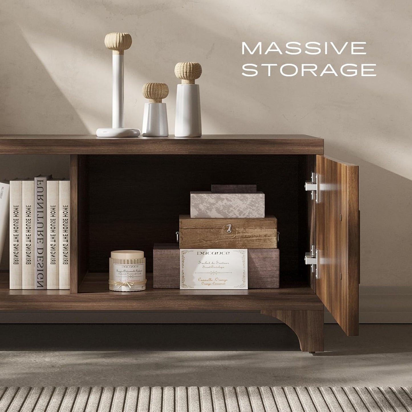 Mid Century Modern TV Stand for 55/65 Inches Television Console with Fluted Doors and Storage Entertainment Center for Living Room and Bedroom Dark Brown