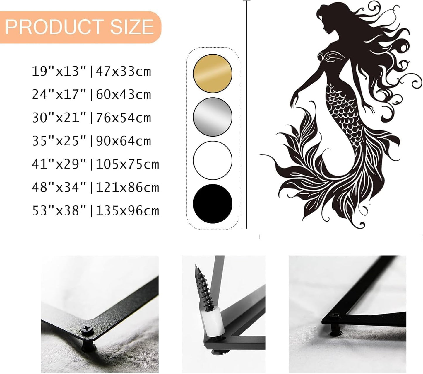 Veplsur Mermaid Metal Wall Art, Metal Mermaid Wall Decor, Marine Biology Wall Decor, Ocean Wall Art, Nautical Wall Hanging, Beach Hanging for Bathroom Bedroom (Black, 53"x38"|135x96cm)