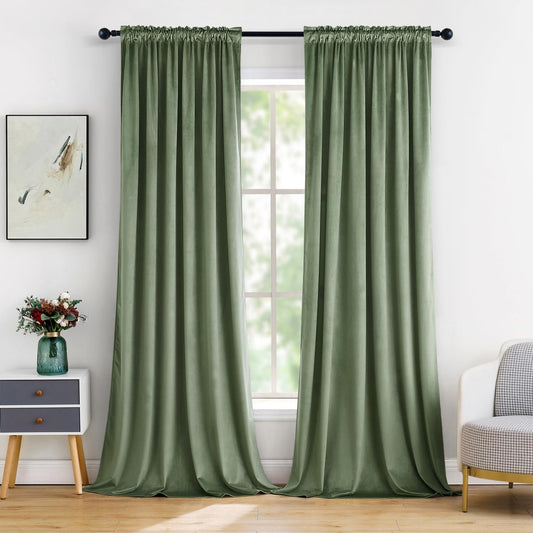 MIULEE Velvet Curtains Sage Green Thermal Insulated Blackout Curtain Drapes for Bedroom Living Room Darkening 84 Inches Long Curtains Panels Rod Pocket Set of 2