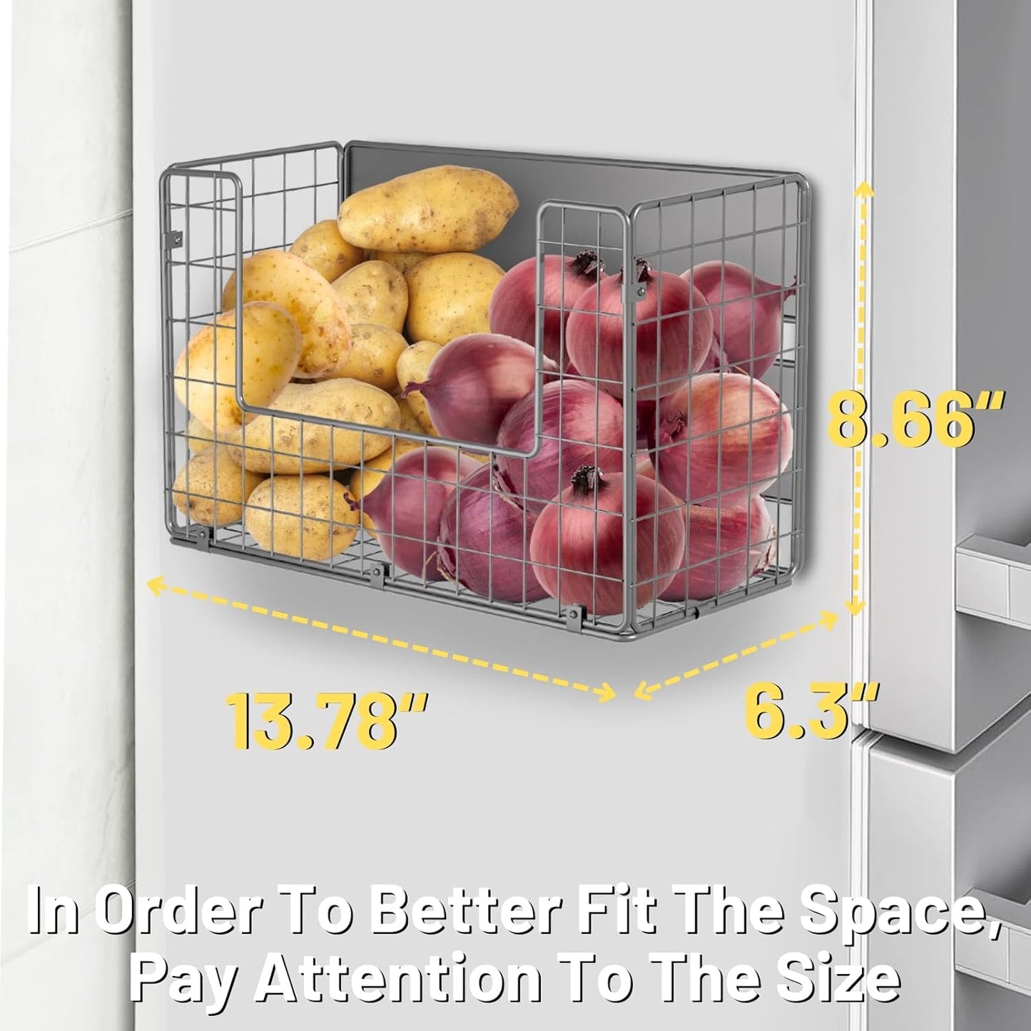 Magnetic Shelf for Fridge, Fruit Potato & Onion Storage Bins, Pantry Organizers & Storage, Large Container Magnetic Basket for Refrigerator, Kitchen Counter,Cabinet Magnetic Fridge Organizer Silver 1