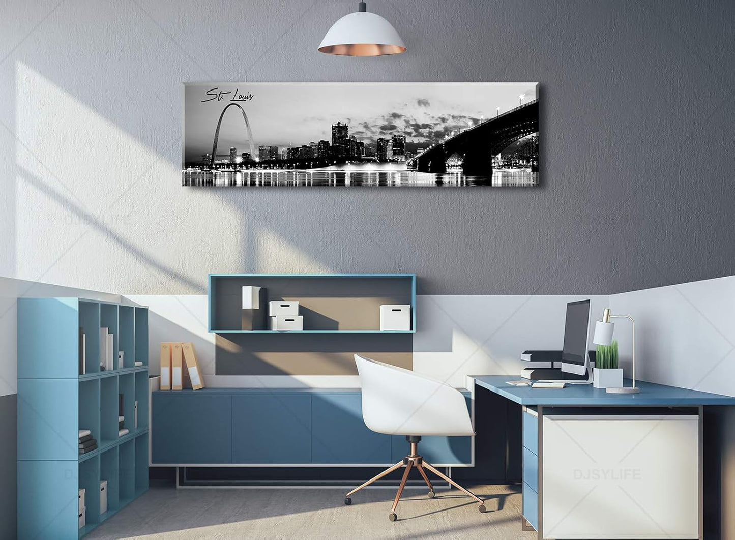 DJSYLIFE Panoramic St. Louis Skyline Wall Art Cityscape Picture Black and White Canvas Print Night View Urban Landscape Modern Artwork Office Bedroom Decor Framed and Ready to Hang 13.8"x47.3"