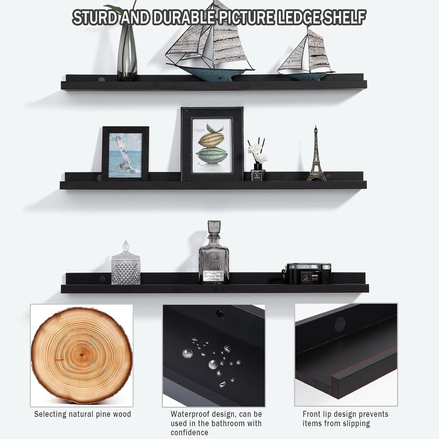 Long Floating Folding Shelves 48 Inch Wood Picture Ledge Shelf with Lip for Wall Black Storage Shelves for Kids Room Photo Shelves Wall Organizer Set of 3 for Bedroom Living Room Bathroom Kitchen