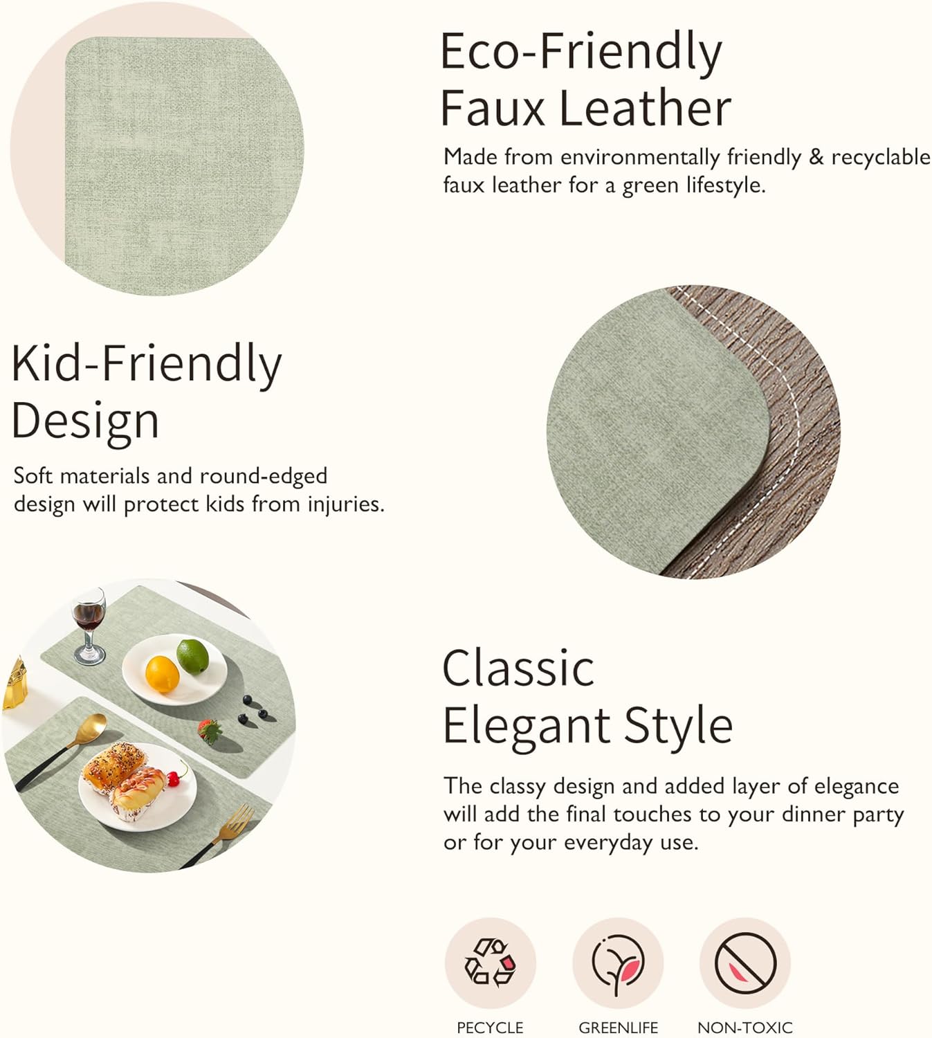 Maxpearl Faux Leather Placemats Set of 6 - Waterproof - Wipe Clean - Heat Resistant - Anti Slip Dining Table Place Mats, Suitable for Indoor & Outdoor Use, 17’’x12’’, Sage Green