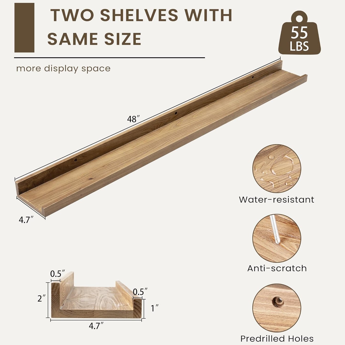 Floating Shelves for Wall, Picture Ledge Shelf 48 Inch Solid Wood Set of 2, Rustic Wall Shelves with Lip, Kids Bookshelf, Photo & Picture Live Edge Floating Shelves for Bedroom, Living Room, Kitchen