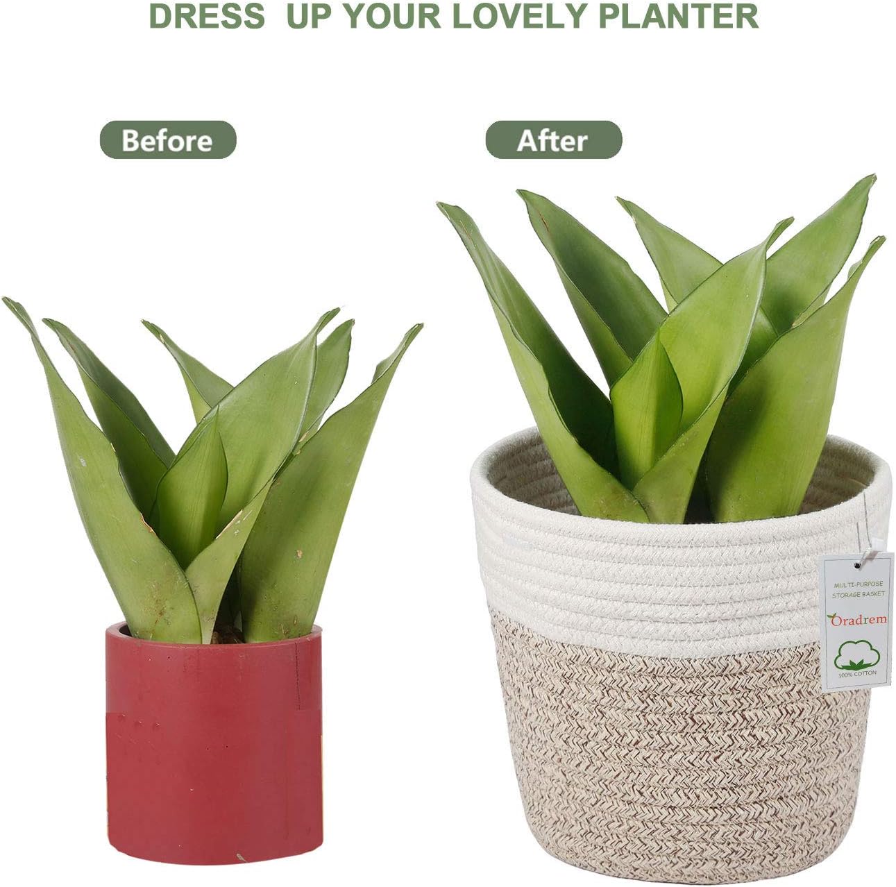 Cotton Rope Plant Basket Modern Woven Basket for 6" Flower Pot Floor Indoor Planters,Rustic Home Decor Storage Organizer H6 3/4" x W6 1/2"