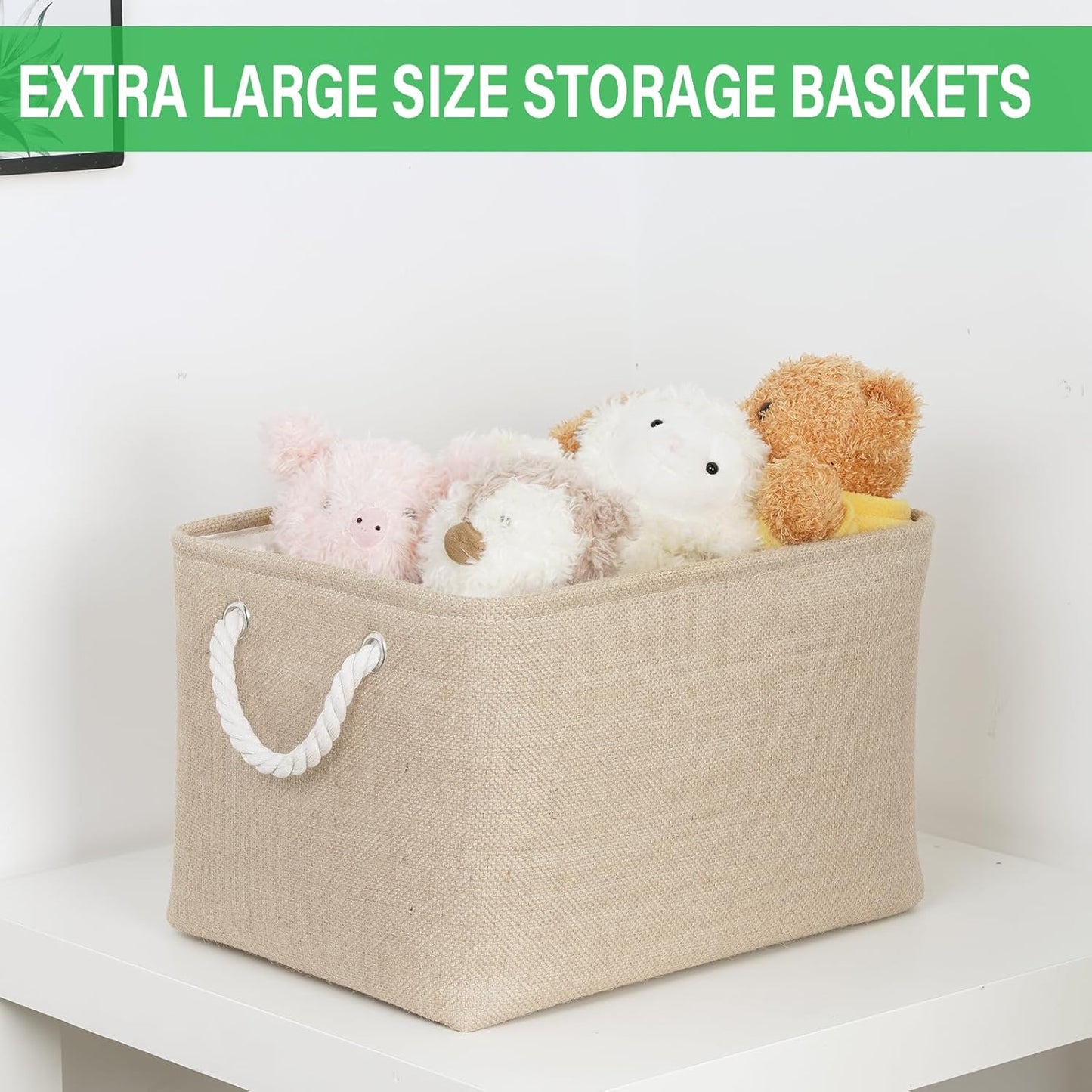 Bidtakay Large Storage Baskets for Shelves 3 Pack Fabric Storage Bins for Organizing Linen Collapsible Organizer for Closet-Flaxen