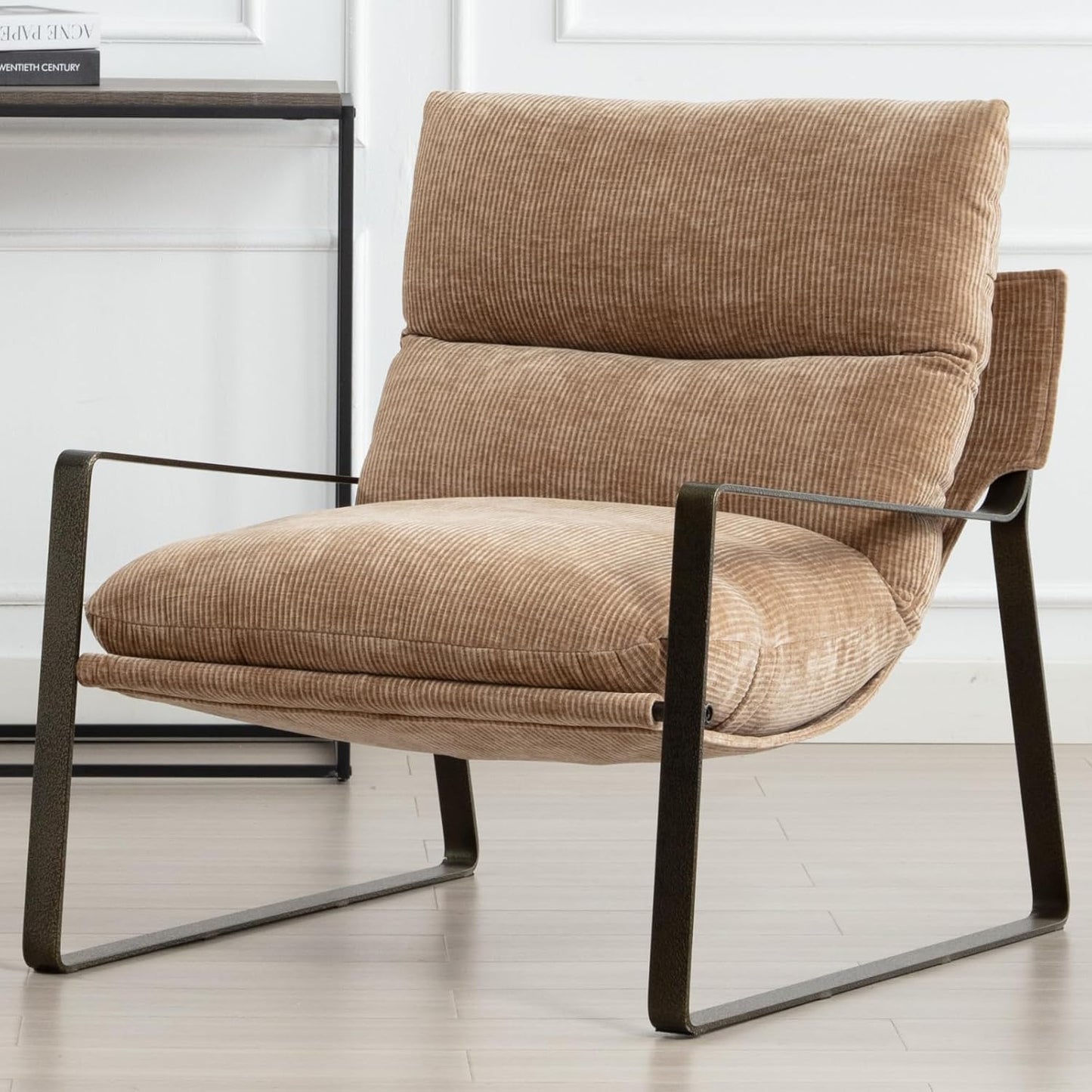 DUOMAY Mid-Century Accent Chair Armchair, Comfy Chenille Leisure Chair Lazy Chair with Brozen Metal Leg for Living Room Bedroom Office Apartment, Khaki