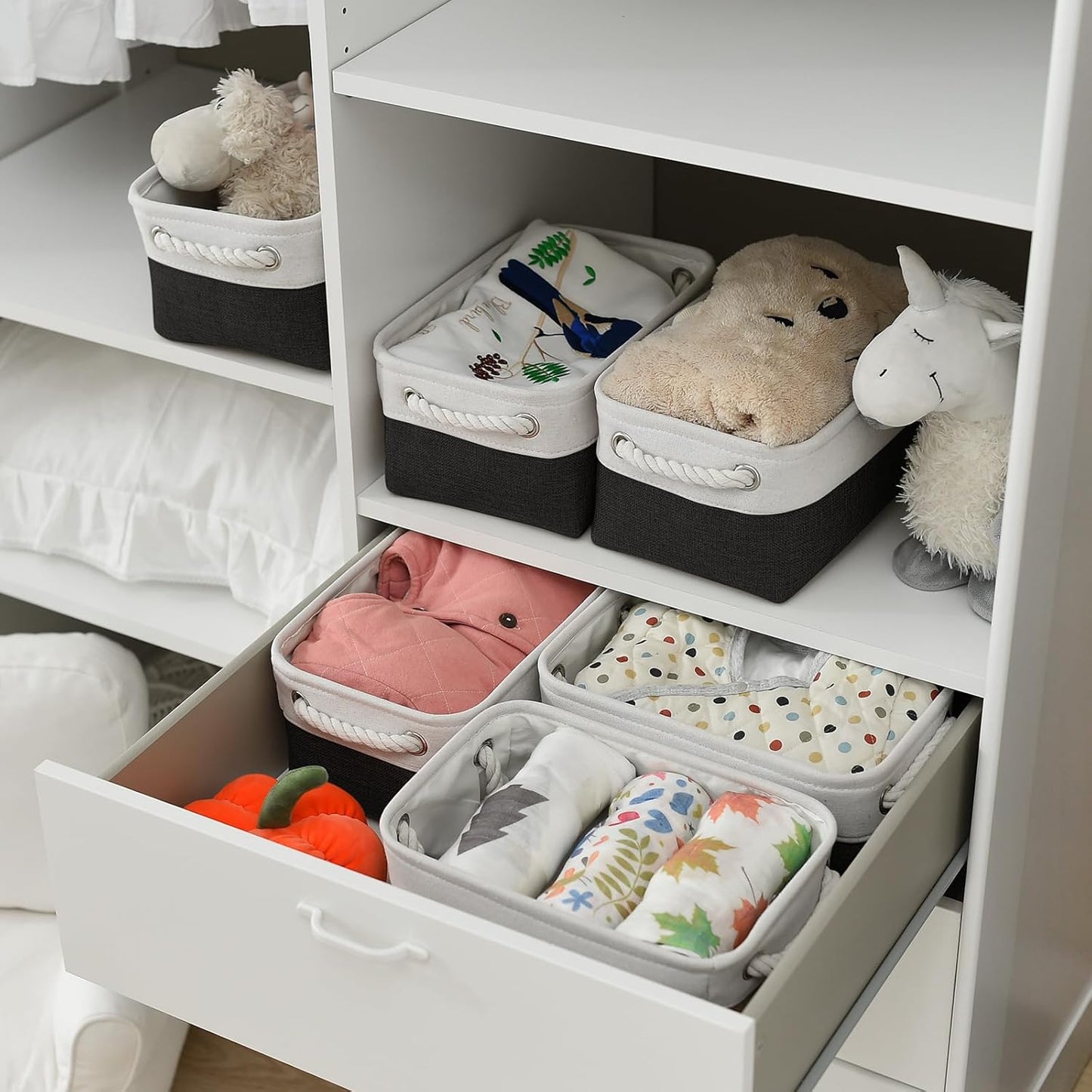 TheWarmHome Storage Bins for Shelves - 6 Pack 11.8x7.8x5.2 inch Collapsible Storage Cubes, Basket for Gifts Empty Closet Organizing Dog Toy Box (White & Black)