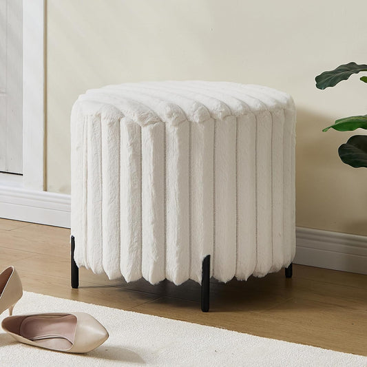 Furniliving Modern Round Ottoman, Large Size Bedroom Ottoman Footstool Round Ottomans Stool for Living Room, Bedroom, Makeup Room, Beige, Faux Fur