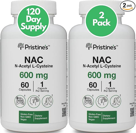 PRISTINE'S N-Acetyl L-Cysteine (NAC) 600MG (2 Pack) Immunity Support Supplement - 120-Day Supply - Potent Lung & Liver Antioxidant Supplement Capsules - Mood Support - Vegan, Glutern Free, Non GMO