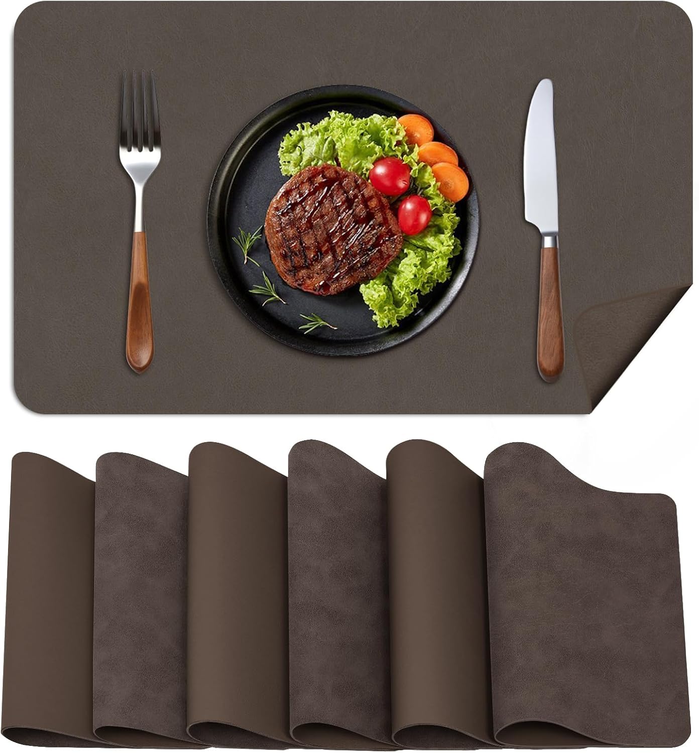 BLESWIN Faux Leather Placemats, Set of 6, 12×17 Inch -Double Side Texture Color Table Mats, Heat-Resistant, Waterproof and Oil-Resistant, Suitable for Dining Room, Kitchen, Party, Outdoor - Dark Brown