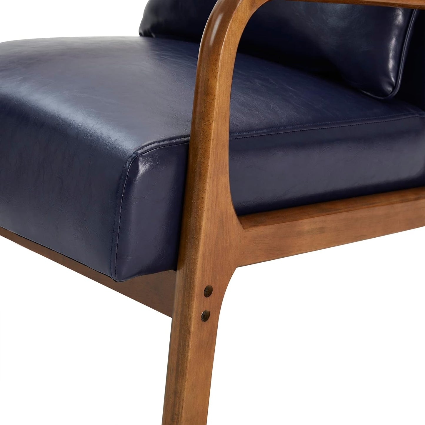 Glitzhome 2 Set Mid Century Navy Blue Accent Armchair, Single Reading Armchair PU Leather Lounge Chair with Walnut Ruberwood Frame