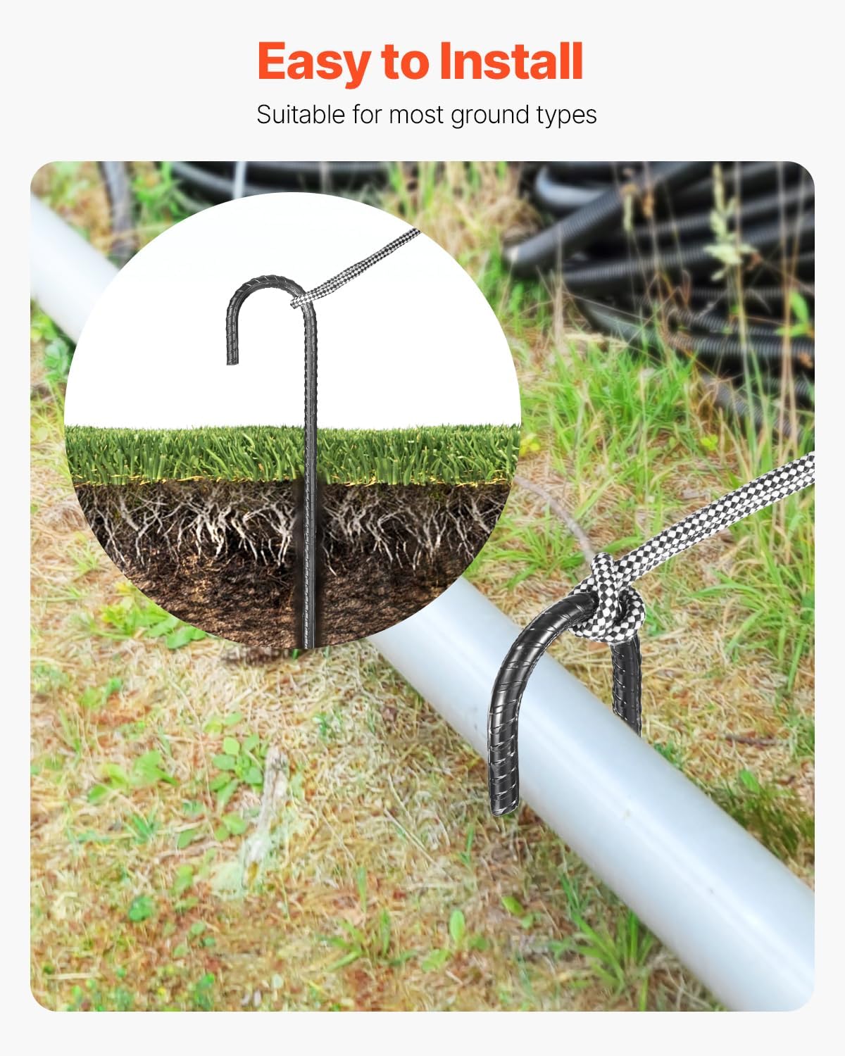 VEVOR Rebar Stakes, 16-Inch, Heavy-Duty 0.4 in Diameter J Hook, Galvanized Steel Ground Anchors with Chisel Point End & Rust-Resistant Coating, for Gardening Support, Fence, Camping Tents (24-Pack)