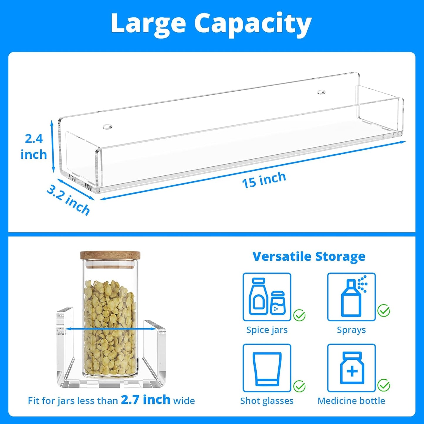 NIUBEE Wall Mounted Spice Rack Organizer,Clear Acrylic Spice Shelf Storage Holder,Hanging Seasoning Rack Organizer for Wall Kitchen 4 Pack