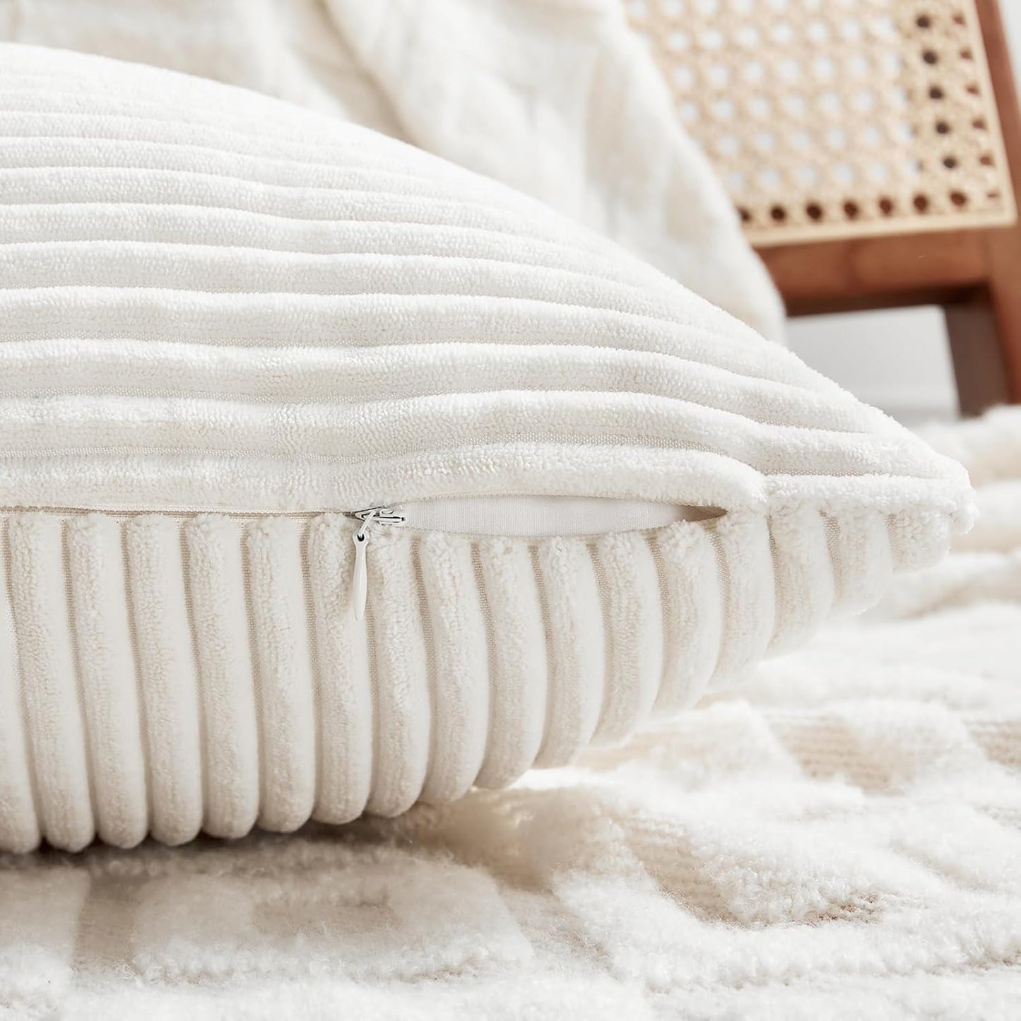 Fancy Homi 2 Packs Cream White Long Lumbar Decorative Throw Pillow Covers 16x24 Inch for Couch Bed Sofa, Rustic Farmhouse Boho Home Decor, Soft Striped Corduroy Rectangle Accent Cushion Case 40x60 cm